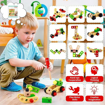 Kids Tool Set Wooden Toddler Play Tools Set with Tool Box, Montessori Educational Learning Toys STEM Construction Building Toy for 3 4 5 6 7 8 Years Old Kids Birthday Gifts for Boys and Girls