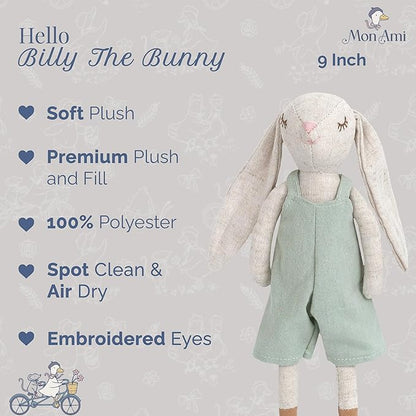 MON AMI Billy The Bunny Stuffed Doll - 9", Soft & Cuddly Plush Animal Doll, Use as Toy or Room Décor, Great Gift for Kids of All Ages