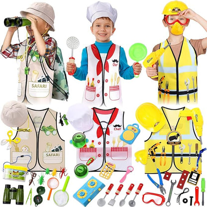 Deekin 3 Sets Kids Dress Up Clothes for Play Age 3-7 Ages, Toddler Dress Up Costumes Vest Role Play Community Helpers Construction Worker, Chef, Explorer for Boys Girls Costumes Accessories