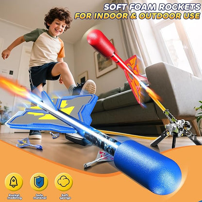 Rocket Launcher for Kids with 8 LED Airplane Rockets and 2 Tank Launcher, Outdoor Toys for Toddlers, Rockets for Kids Age 4-8, 2 3 4 5 Year Old Boy Birthday Gift, Launching up to 120+ Feet