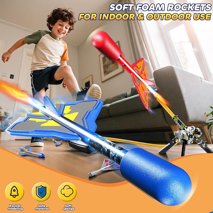 Rocket Launcher for Kids with 4 LED Airplane Rockets and Tank Launcher, Outdoor Toys for Toddlers, Rockets for Kids Age 4-8, 2 3 4 5 Year Old Boy Birthday Gift, Launching up to 120+ Feet