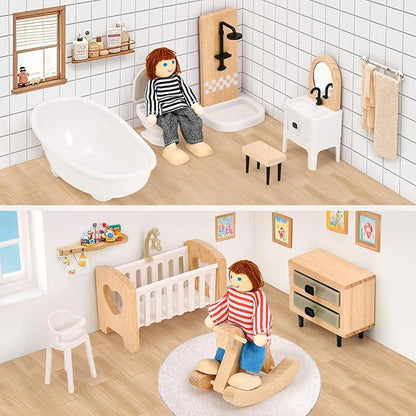 Toyssa Dollhouse Furniture Set, 36PCS Beech Wood and Plastic Miniature Doll House Accessories with Modern 5 Rooms & 4 Flexible Family Dolls, Pretend Play Toys Birthday Gift for Toddlers 3 4 5 6