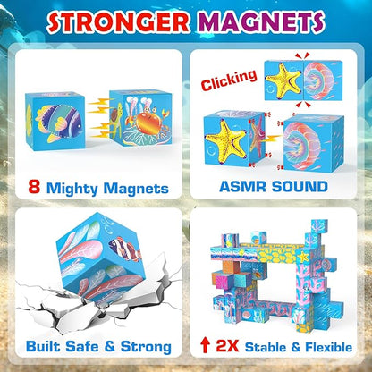 Glow-in-the-Dark Magnetic Building Blocks & & Tiles, 2025 Upgraded STEM Montessori Construction Toys, Ocean World Magnet Cubes, Christmas Birthday Gifts for Kids, Boys Girls Toddlers Ages 3-5 4-8 8-12
