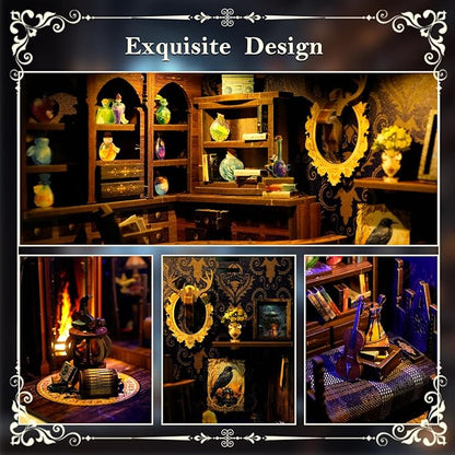 DIY Book Nook Kit Wooden Miniature Magic Potion House Kit 3D Wooden Bookends Miniature House Book Nook Kit for Adults Bookshelf Insert Decor with LED Lights Wood Crafts