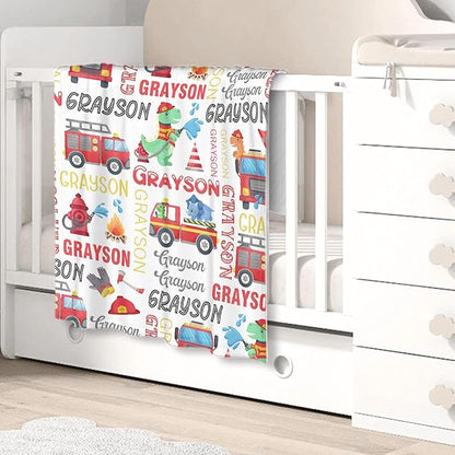 Personalized Baby Blanket for Girls Boys Kids Truck Dinosaur Custom Baby Blanket with Name Throw Birthday Gift for Toddlers Infants Shower Newborns Nursery Stroller Crib Bed Decor