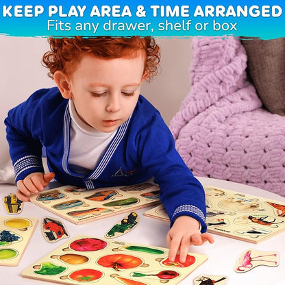 QUOKKA Toddler Puzzles Ages 2-4 in a Bag – 6 Montessori Wooden Puzzles for Toddlers 3-5 Year Old – Preschool Wood Game for Boys and Girls 4-6 – Gift for Learning Realistic Animals Fruits Vehicles