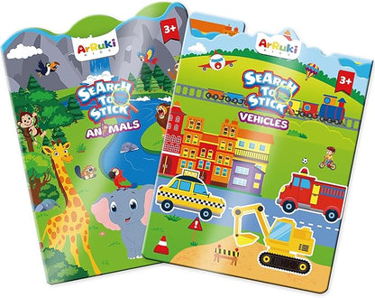 Reusable Sticker Books with 100 PCS Jelly Stickers, 2 Sets Toddler Activity Book for Girls Boys, Toddler Craft Activities-Safari, Vehicles