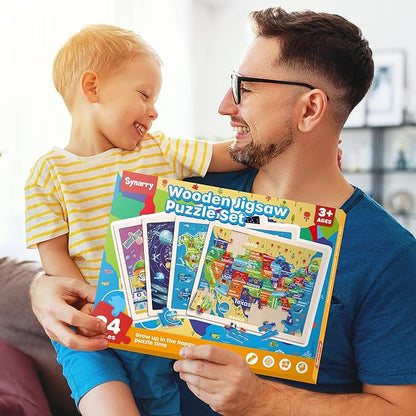 SYNARRY Large US World Earth Solar System Wooden Puzzles for Kids Gift Box(12.2*9.4 in) - FSC Certified, Puzzles for Toddlers 3-5, Puzzles for Kids Ages 4-6, Map Toys Gifts for 3 4 5 Year Old Boy Girl