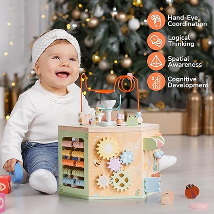 ROBOTIME Wooden Activity Cube for Toddlers, 13 in 1 Montessori Baby Activity Cube, Baby Play Cube Toy with Educational Features, Gift Wooden Cube Toy for Boys & Girls - 1 Year +