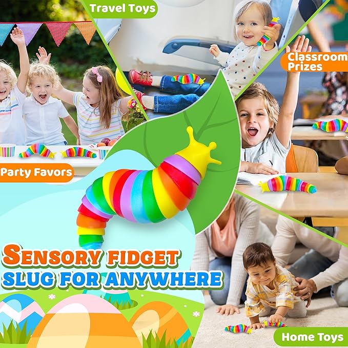12PCS Baby Sensory Fidget Slug Toys Pack, ASMR Travel Airplane Activities Road Trip Car Toy for Toddler Kids Figette Worm for Adults Stress Relief Gift for Autism ADHD Autistic Caterpillar Stim Toys