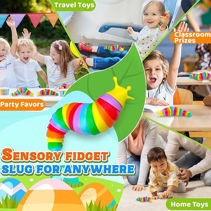 12PCS Baby Sensory Fidget Slug Toys Pack, ASMR Travel Airplane Activities Road Trip Car Toy for Toddler Kids Figette Worm for Adults Stress Relief Gift for Autism ADHD Autistic Caterpillar Stim Toys