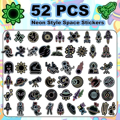 52 PCS Glow in The Dark Neon Space Stickers for Kids, Waterproof Water Bottle Stickers for Kids Astronaut Planet Vinyl Laptop Decals for Teens Girls Boys