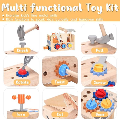 REXBETI Kids Tool Set, 43Pcs Wooden Toddler Tool Bench with Electric Drill, Apron and A Pack Stickers(50pcs), Montessori Construction Toddler Tool Set