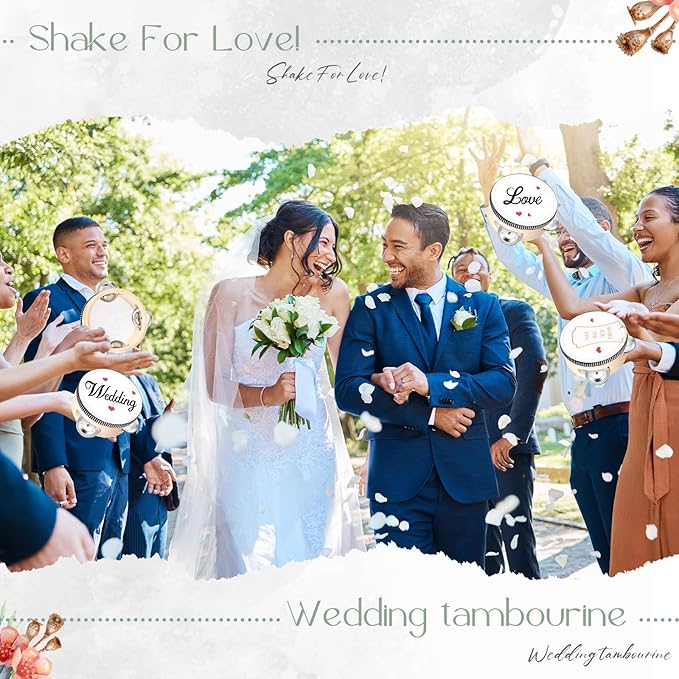24 Set 4 Inch Tambourine for Adults Wooden Hand Held Drum with Metal Jingles, Gift Tags, White I Love You Printed Ribbon Percussion Gift Musical Instrument for Church Wedding Party Favor