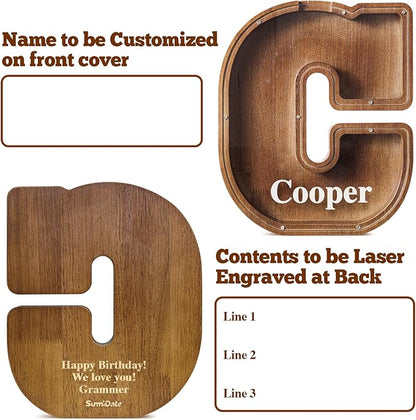 Summidate Customized Name Extra Large Wooden Piggy Bank for Kids Boys Girls Alphabets Letter A-Z Coins Bills Money Change Saving Box Clear Cover (Laser Engraved) Educational Toys 12"- Letter C