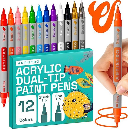 ARTISTRO 12 Dual Tip Brush + Fine Acrylic Paint Pens Ideal for Calligraphy - Paint Markers for Fabric, Rock, Glass, DIY - Stocking Stuffers, Christmas Gift Idea for Teens, Grandkids, Kids