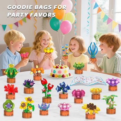 24 Pack Flowers Succulents Party Favors for Kids Building Set - 1012 PCS Botanical Bonsai 3.6MM Mini Building Blocks Toy for Classroom Prizes Easter Basket Stuffers Birthday Gift for Girl Boy Ages 6+