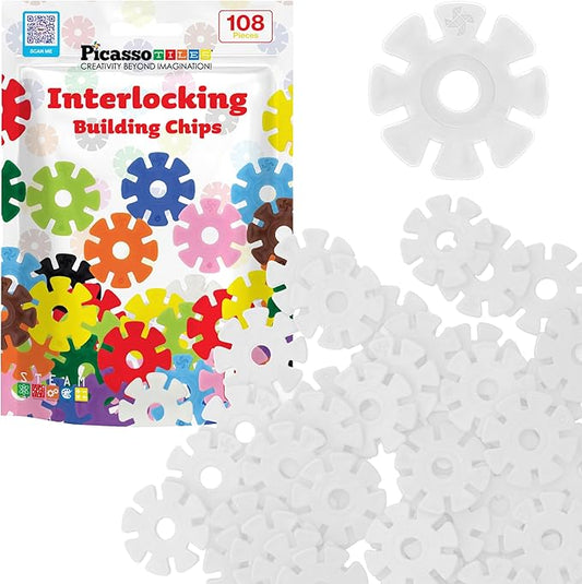 PicassoTiles Building Chip Interlocking Disc Construction Blocks in White Color STEM Learning Early Education Toy Engineering Playset Child Brain Development for Toddlers Girls Boys Kids Age 3+ PTF108