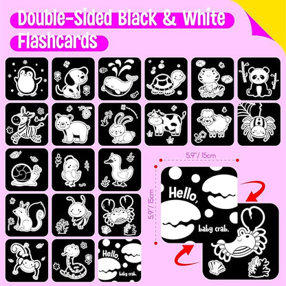 20 PCS Baby Visual Stimulus Cards, Double-Sided High Contrast Black and White Flashcards Visual Sensory Development Montessori Cards Set for Newborn Boy Girl Baby 0-3 Months Tummy Time (5.9” X 5.9”)