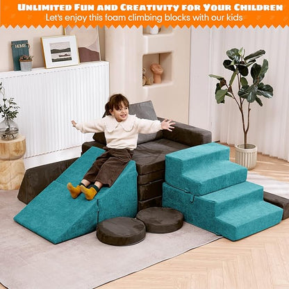 jela Toddlers Climbing Toys Indoor, Toddler Indoor Playset, Safe Soft Foam Climbing Blocks with Slide Stairs, Climbing Toys for Toddlers Luxury Miss Fabric, Soft Couch Slide (Lightblue)