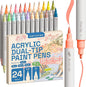ARTISTRO 24 Pastel Dual Tip Brush + Fine Acrylic Paint Pens Ideal for Calligraphy - Paint Markers for Fabric, Rock, Glass, DIY - Stocking Stuffers, Christmas Gift Idea for Teens, Grandkids, Kids
