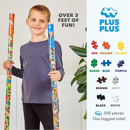 Plus Plus 500 Piece Super Tube, Interlocking Building Block 3D Puzzle Kit, Kids Stem Connecting Toys - Basic Color Mix