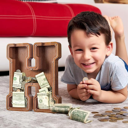 Summidate Customized Name Extra Large Wooden Piggy Bank for Kids Boys Girls Letter A-Z Coins Bills Money Change Bank Box Clear Cover (Laser Engraved) Educational Toys 12"- Letter H