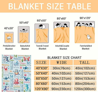 Personalized Baby Blanket for Girls Boys Kids Turtle Sea Animals Custom Baby Blanket with Name Throw Birthday Gift for Toddlers Infants Shower Newborns Nursery Stroller Crib Bed Decor