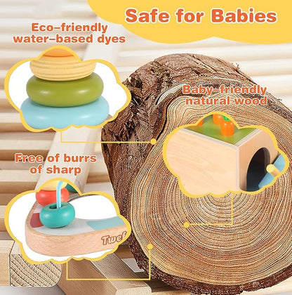 Wooden Montessori Learning Toys Kit,Babies Toys Set for 1 Year Old, Sensory and Thinking Play kit for Toddlers (Boys and Girls). 4 in 1 Drop Box; Rocking Stacker; Bead Maze.