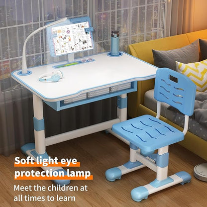 2025 NEW Kid's Study Desk and Chair Set, Ergonomic Height Adjustable Children Study Desk with Tilt Desktop, Book Stand, Light, Metal Hook and Storage Drawer,Gift for Boys Girls (Blue 70cm light)