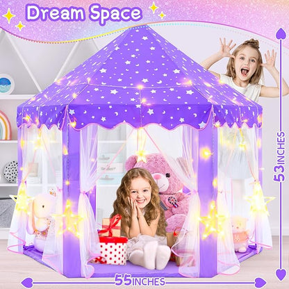 EVOIONOS Purple Princess Tent for Girls, Kids Play Tent with Large Star Lights, Castle Playhouse for Children Indoor Outdoor Games, 55 x 53 inches