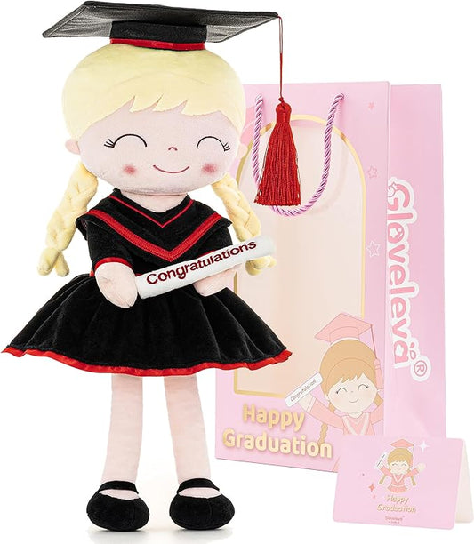 Gloveleya Graduation Plush Doll – 16 Inch Baby Girl Gift with Cap & Gown, Keepsake Congratulation Present for Kindergarten & School Graduation, Soft Cloth Doll with Gift Bag