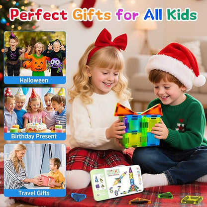 50PCS Mini Magnetic Tiles Travel Toys for Kids Ages 3+, Portable STEM Magnetic Blocks with Storage Tin, Montessori Educational Sensory Toy, Gifts for Boys & Girls, Airplane Car Travel Toys