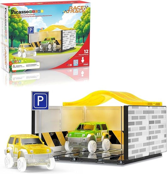 PicassoTiles Magnetic Tiles Race Car Track Kit Parking Garage Expansion Pack with 2 Cars Magnet Tile Building Blocks Educational Toy Learning Kit Pretend Play Construction Set Kids Child Ages 3+ PTR07