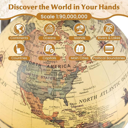 COSTWAY Antique Globe Dia 5.5-Inch, Mini Rotating World Globe w/Wooden Base, Modern Map & Vintage Color, For Kids & Adults' Geography Educational Learning, Desktop Decoration for Home Office School