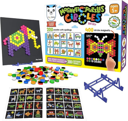 Magnetic Tangram Puzzles Toys for Kids | 400 Magnet Circles Shapes with 200 Patterns Booklet, Board & Display Stand | STEM Educational and Learning Games for Ages 4 5 6+ Years|Gifts for Girls & Boys