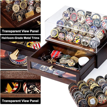 Premium Challenge Coin Display Case for 100 Coins - 360° View & Interchangeable Panels - Military, Police, Fire Fighter Gift for Retirement, Promotion