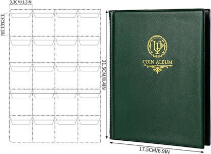200 Pockets Coin Album - Coin Collecting Book with 10 Pages, 33x33 mm Grid Holder for Pounds Pence Cents Dollars Nickel (Green) CS48200GR