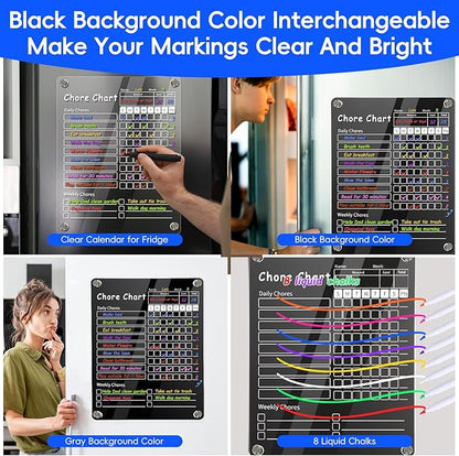Acrylic Magnetic Chore Chart for Kids & Adult，12" x 9.5" Behavior Responsibility Reward Chart，at Home Clear Dry Erase Refrigerator Board for Multiple Kids & Teens(w/ 8 Markers & Towel)