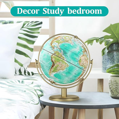 8'' World Globe with Gold Stand 720° Rotating, Kids Adults Student Geography Educational, Desk Globe Decorative Office Classroom, Unique Birthday Christmas Gifts (Elegant Turquoise)