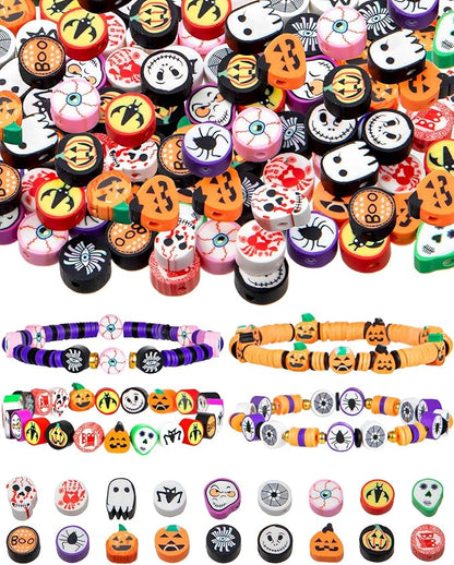 Taybonds Halloween Polymer Clay Beads 108pcs Spooky Designs Ghost Pumpkin Spider Polymer Clay Beads for Women Jewelry Making DIY Charms Bracelet Necklace