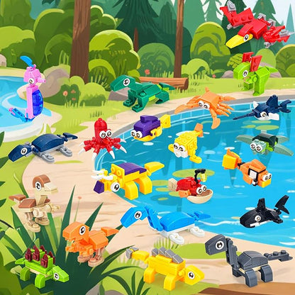 24 Packs Mini Building Blocks Animal Set Pinata Stuffers Prize Box Toys for Kids Classroom Activity with Themes of Dinosaur and Sea Creatures