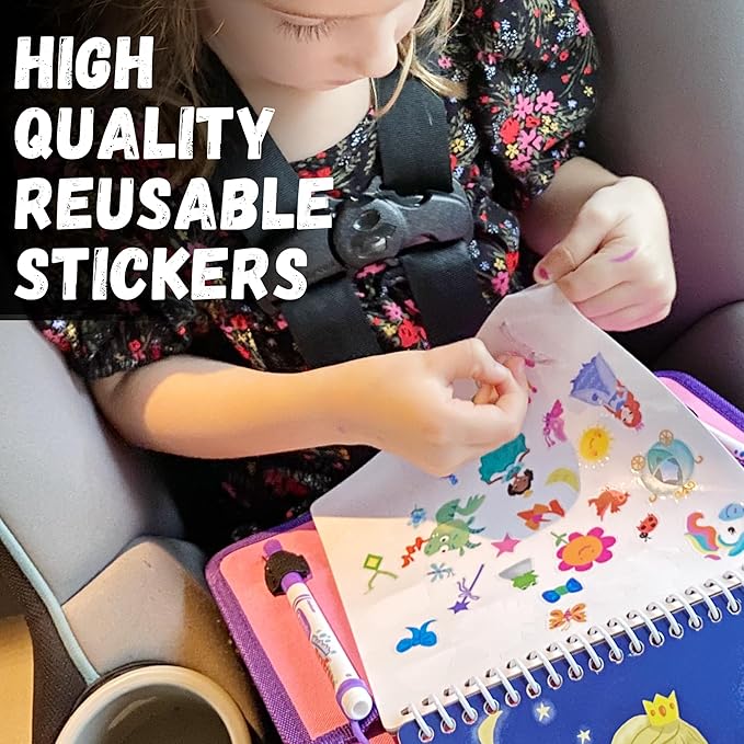 Totebook Kids Travel Educational Activity Book with Washable Markers - Car and Airplane Activities, Learning Toys for Toddlers- Reusable Stickers for Ages 4, 5, 6 (Princess & Extra Ocean Book)