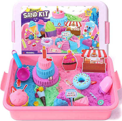 Golray Ice Cream Sensory Bin for Girls, Play Sand Art Kit with Sandbox, 2lb Magic Sand, Cake & Waffle Molds, Pretend Play Desserts Toys, Sensory Toy Set Gifts for Girl Toddlers Ages 3 4 5 6 7 8