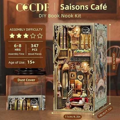 Book Nook Kit, DIY Miniature Dollhouse Booknook Kit, 3D Wooden Puzzle Bookend Bookshelf with LED Light for Adults Teens (Saison Café)