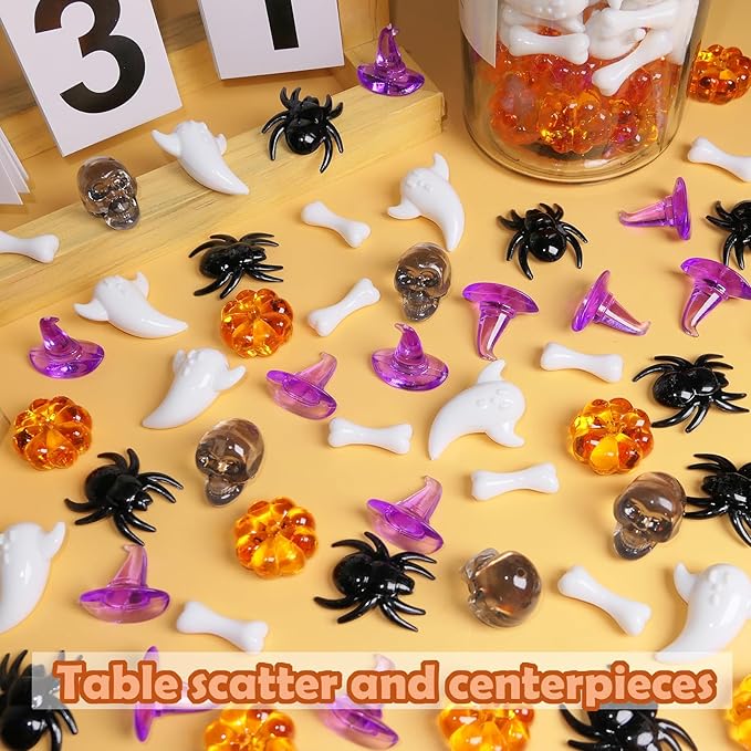 Halloween Sensory Bin Filler,300 Pcs Mini Acrylic Pumpkin Ghost Skull Gems Vase Fillers for Halloween Centerpieces Table Decorations,Table Scatters,Preschool Counting and Craft