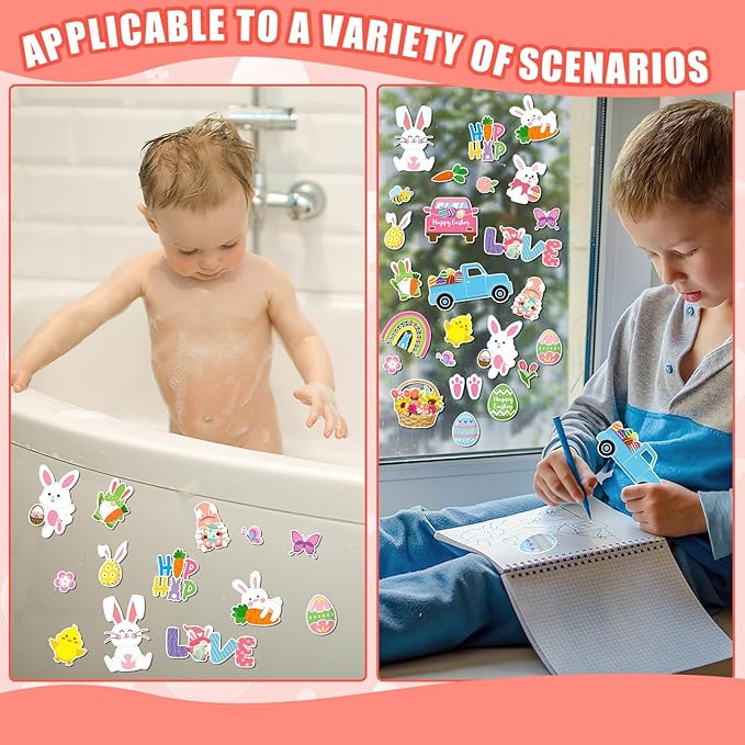 MARFOREVER 50 PCS Easter Window Thick Gel Clings Stickers Rabbit Eggs Window Decals Reusable Gel Clings for Adults Kids Classroom Home Spring Easter Party Supplies Decorations
