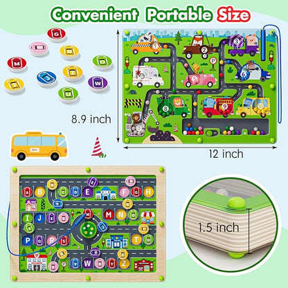 Magnetic Maze 2 in 1 Double Side Color and Number Maze Alphabet Puzzle Board for 3-5 Boys and Girls Kids Montessori Educational Toys (Car, One Size)