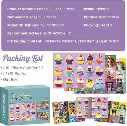 3-Pack 100 Piece Puzzles for Kids,Dogs Cats Cupcakes Puzzle for Kids Age 4-6 6-8 8-10,Unique Large Piece Animals Jigsaw Puzzle,Recycled Paper,Bright & Colorful Educational Puzzle Game,Boys Girls Gift