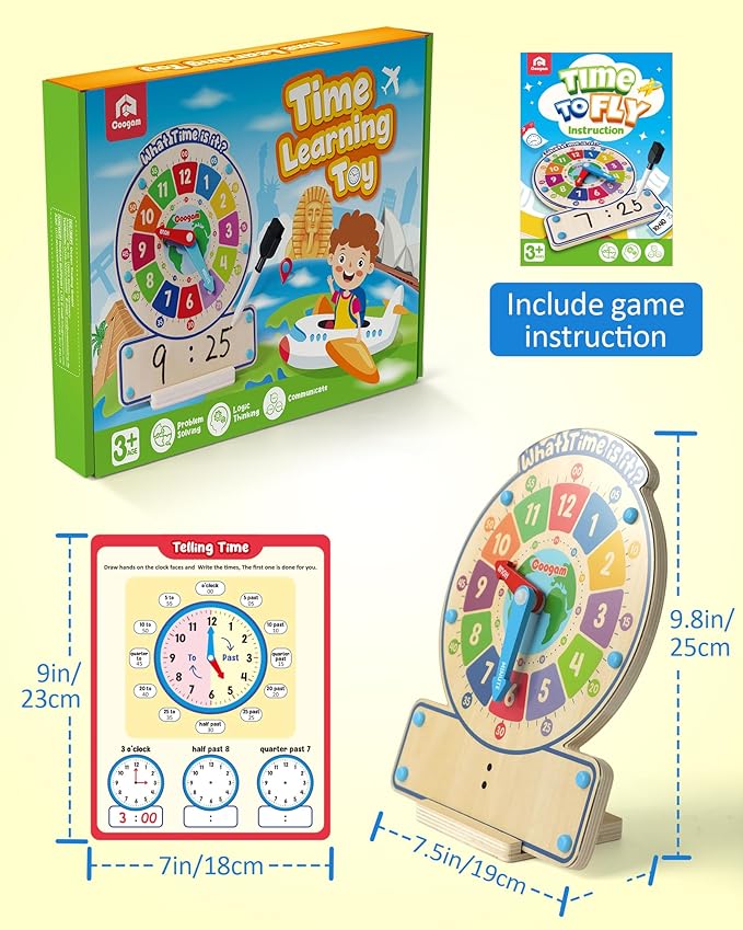 Coogam Wooden Clock Teaching Time Toy, Analog Digital Clock with Fly-Telling Time Board Game, Montessori Time Learning Educational Toy for 3 4 5 Year Old Homeschool Classroom Kids